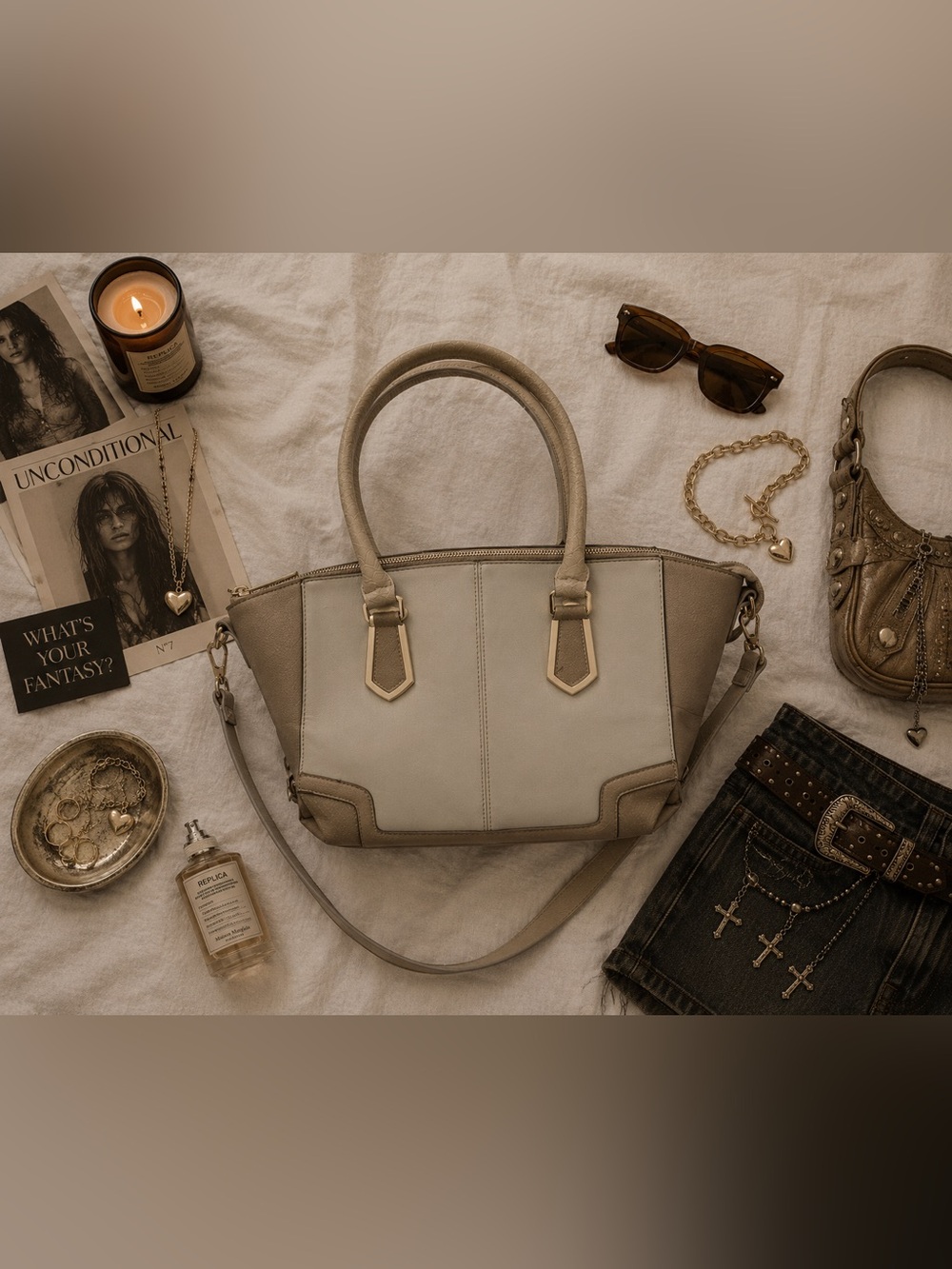 Structured Two-Tone Cream & Beige Tote Bag